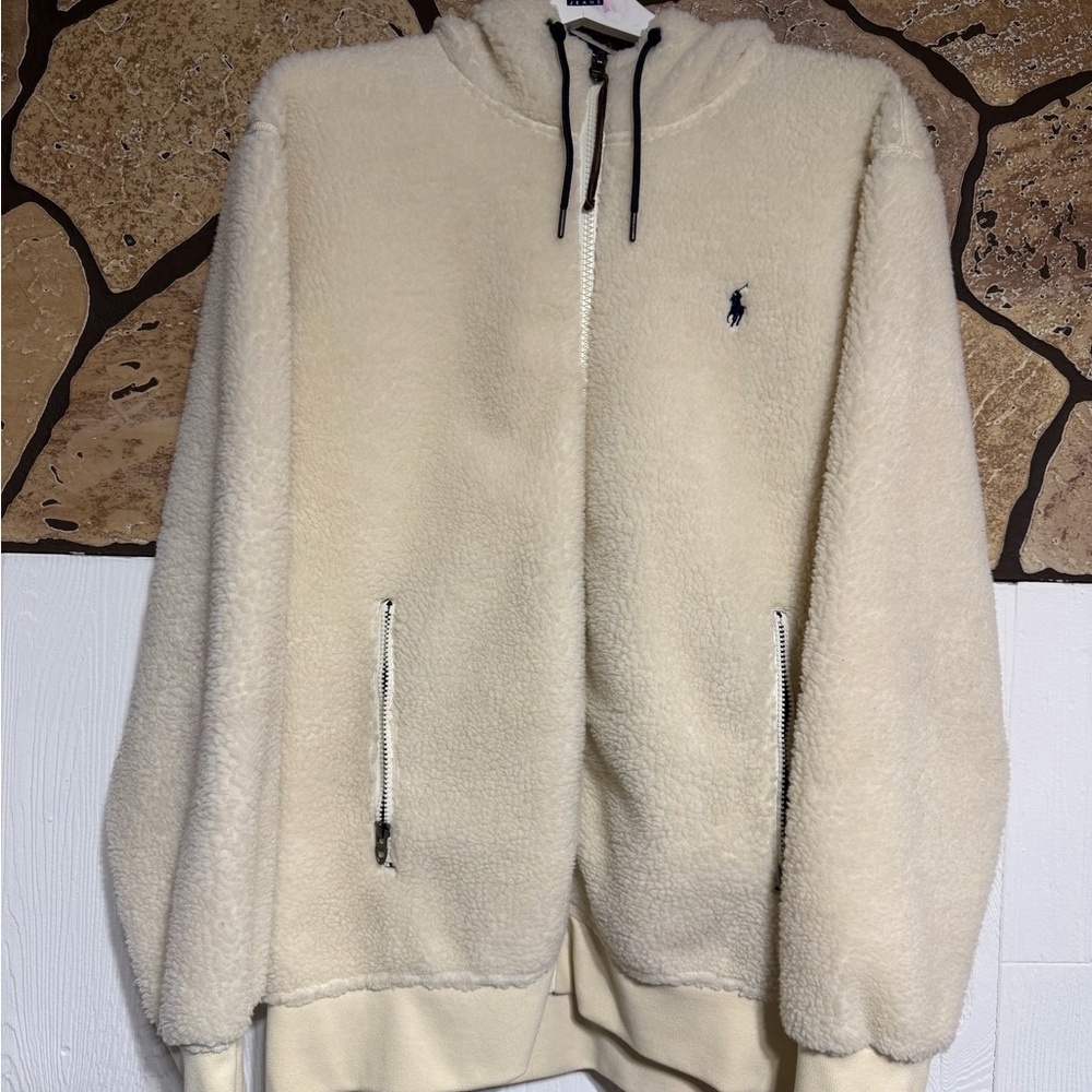 Polo by Ralph Lauren Cream Sherpa Zip Hoodie with Navy Pony